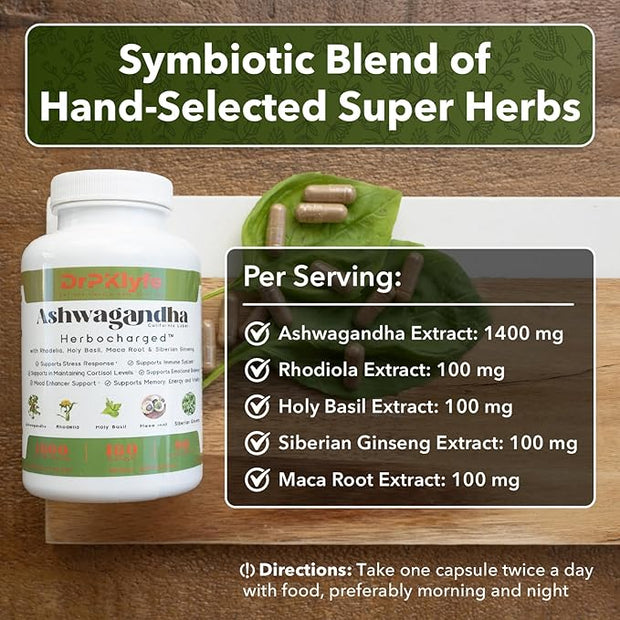Adaptogen Supplement - Ashwagandha Complex Blend 5-in-1 with 3 Month (180 Capsules)