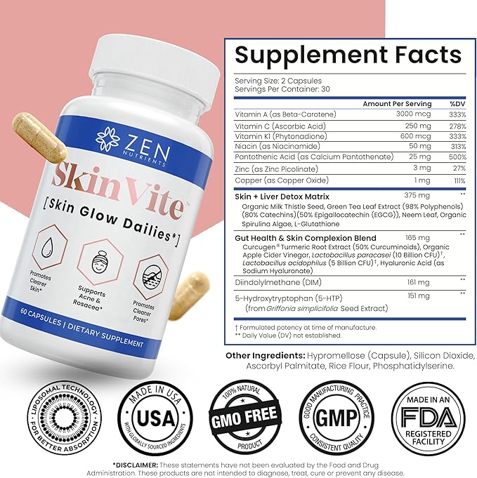 Zen Nutrients SkinVite Natural Skin Supplement for Women, Men & Teens- Hormonal Skin Treatment & Clear Skin Support Supplement - Detoxifying Vitamin for Clear Skin, Acne and Digestion Support