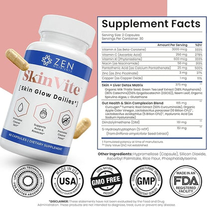 Zen Nutrients SkinVite Natural Skin Supplement for Women, Men & Teens- Hormonal Skin Treatment & Clear Skin Support Supplement - Detoxifying Vitamin for Clear Skin, Acne and Digestion Support