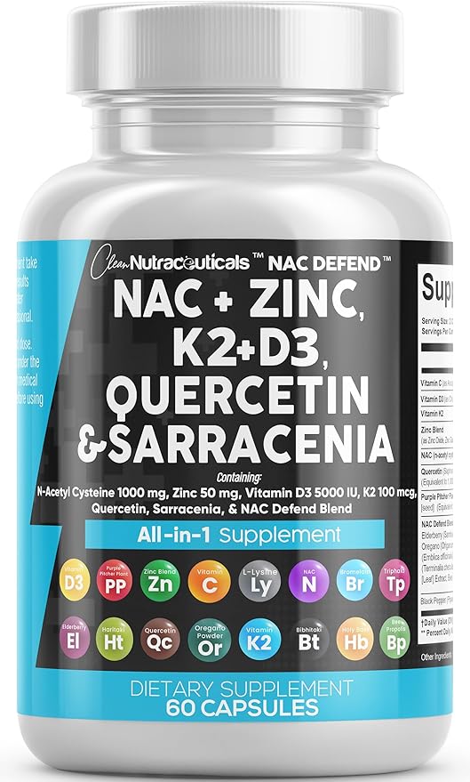 Clean Nutraceuticals NAC Supplement N-Acetyl Cysteine 1000mg Vitamin D3 K2 K2 Zinc 1000mg Sarracenia 1000mg with 60 Count