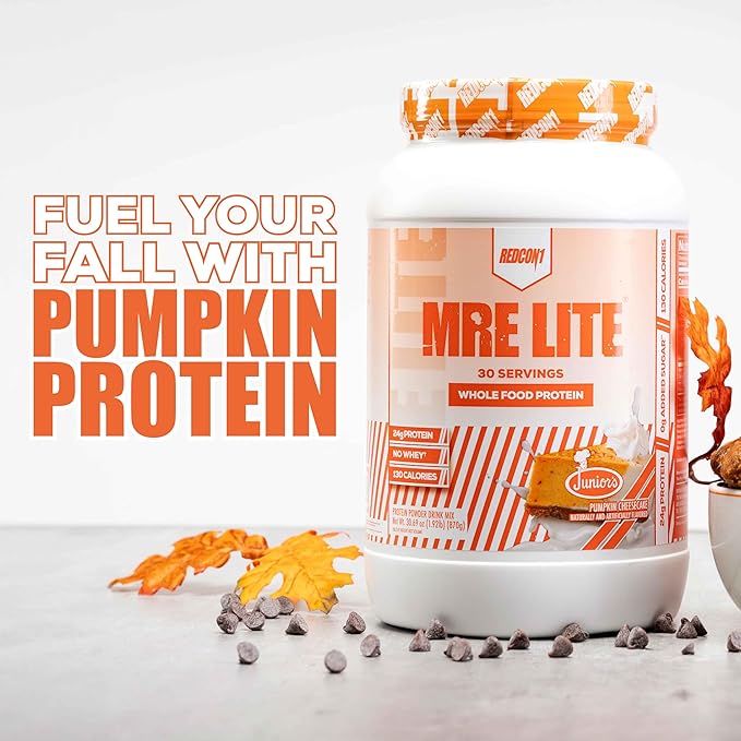REDCON1 MRE Lite Whole Food Protein Powder, Juniors, Pumpkin Cheesecake - Low Carb & Whey Free Meal Replacement with Animal Protein Blends - Easy to Digest Supplement Made with MCT Oils (30 Servings)