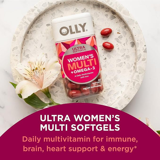 OLLY Ultra Women's Multi Softgels, Overall Omega-3s, Iron, B12, Daily 30 Day 60 Count