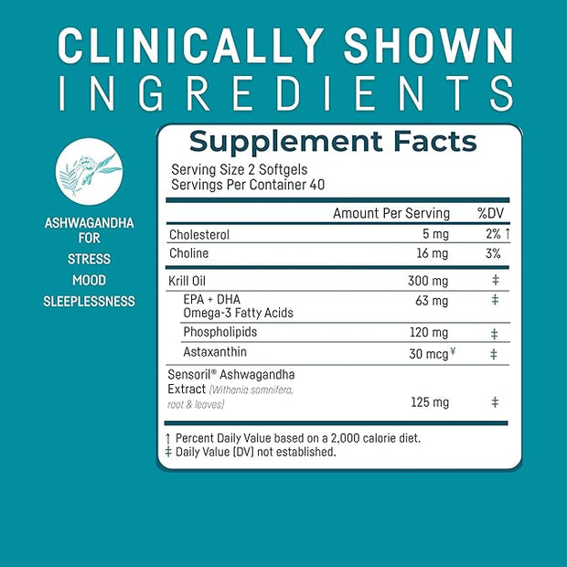 Kori Stress & Body Adaptogen Supplement - Krill Oil & Ashwagandha/Omega-3 Fatty Acids for Heart, Brain, Eye, & Joint Health/Occasional Stress, Mood, & Sleep Support / 80 softgels