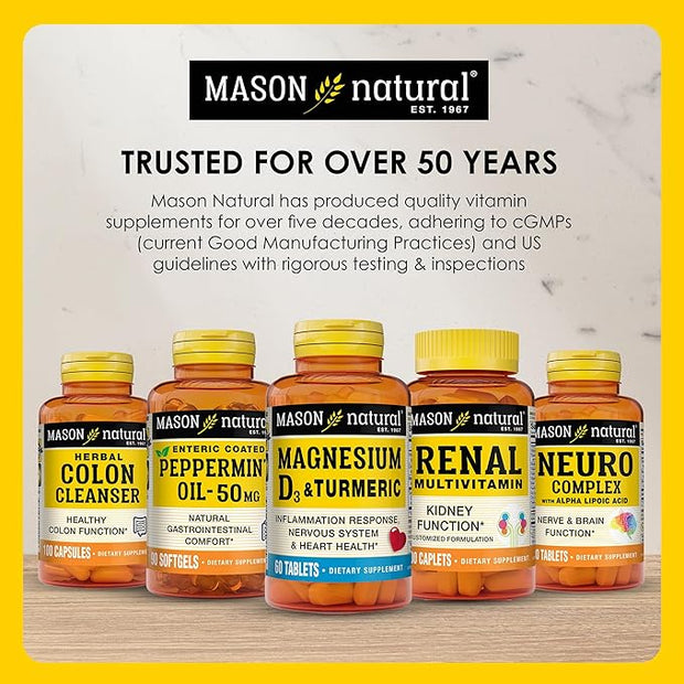 MASON NATURAL Peppermint Oil 50 mg Enteric Coated - Natural Gastrointestinal Comfort, Supports a Healthy Gut, Bowel Soothing Dietary Supplement, 90 Softgels.