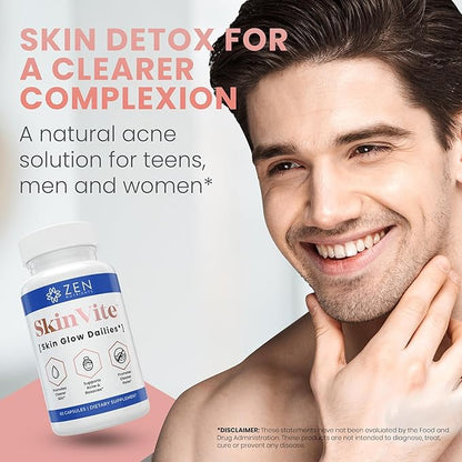 Zen Nutrients SkinVite Natural Skin Supplement for Women, Men & Teens- Hormonal Skin Treatment & Clear Skin Support Supplement - Detoxifying Vitamin for Clear Skin, Acne and Digestion Support
