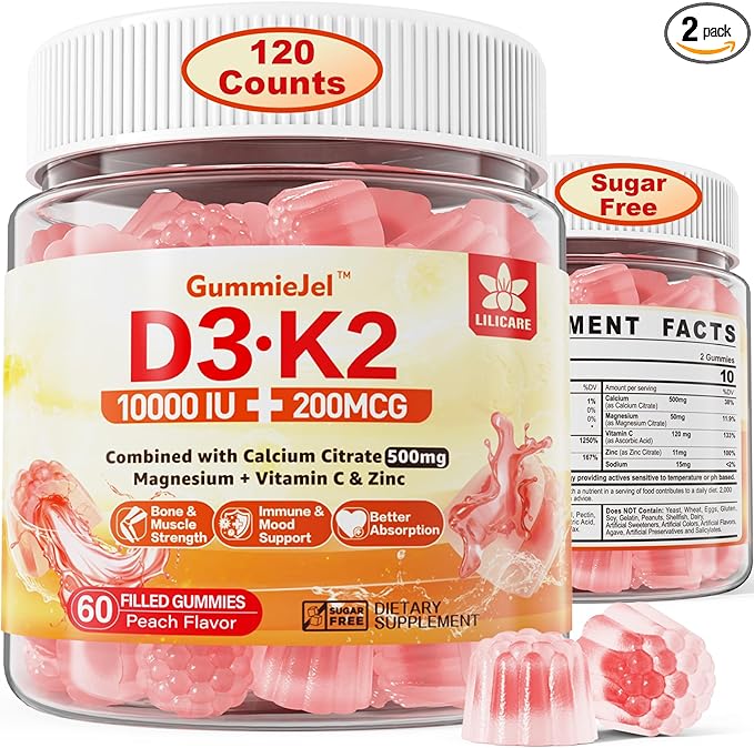 2Pack Sugar-Free Vitamin D3 K2 Filled 5000IU / 10,000 IU 500mg Calcium K2 (MK-7) (MK-7) 200mcg, 200mcg, Magnesium