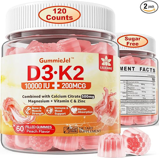 2Pack Sugar-Free Vitamin D3 K2 Filled 5000IU / 10,000 IU 500mg Calcium K2 (MK-7) (MK-7) 200mcg, 200mcg, Magnesium