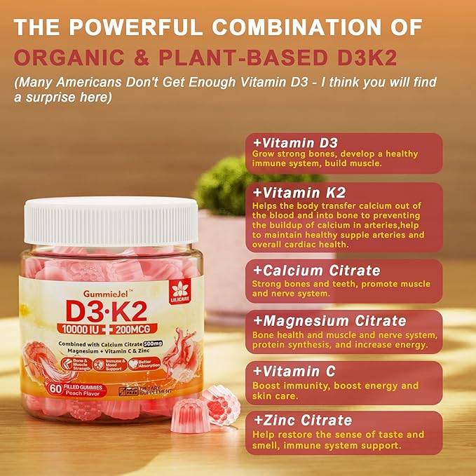 Sugar-Free Vitamin D3 K2 Filled Gummies 5000IU / 10,000 IU 500mg Calcium K2 (MK-7) (MK-7) 200mcg, 200mcg, Magnesium