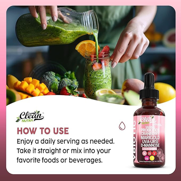 Clean Nutraceuticals VBiotic Vaginal Probiotic for Women Liquid Drops | Cranberry Uva Ursi Horsetail D-Mannose Prebiotics Marigold & Black Cohosh Vaginal Health Supplement | pH Balance