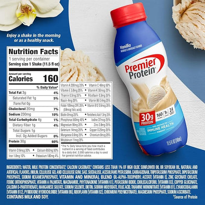 Premier Protein Shake, Vanilla, 30g Protein 1g Sugar 24 Vitamins Minerals Nutrients to Support Immune Health, 11.5 fl oz (Pack of 6)