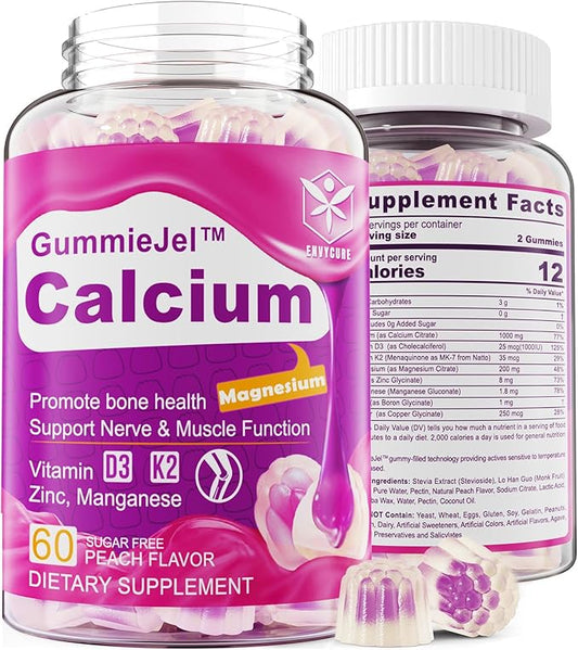 Sugar-Free Calcium Citrate Gummies 1000mg w/Vitamin D3 K2, K2, Magnesium, 60 Count
