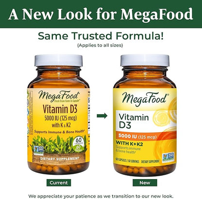 MegaFood Vitamin D3 5000 IU (125 mcg) D3 K2, K2, Supports 60 Mini 60 Servings