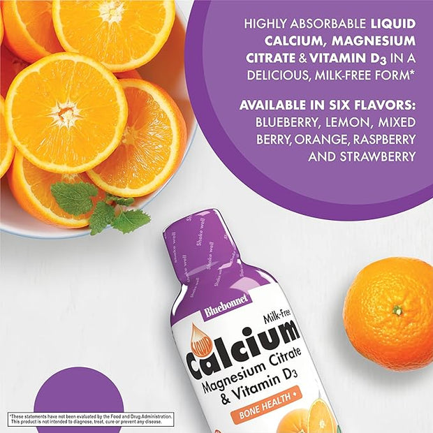 Bluebonnet Nutrition Liquid Calcium Citrate Magnesium Citrate, Vitamin D3, Bone Health, Gluten Free, Soy free, milk free, kosher, 16 Fl Oz, 32 Servings, Orange Flavor, 16 Fl Oz (Pack of 1)