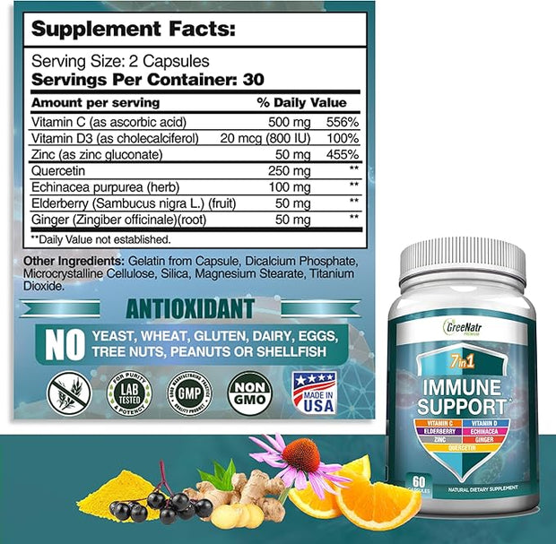 7 in 1 Immune Support Supplement D3, Zinc 50mg, Quercetin, 60 Capsules (3 Bottles)