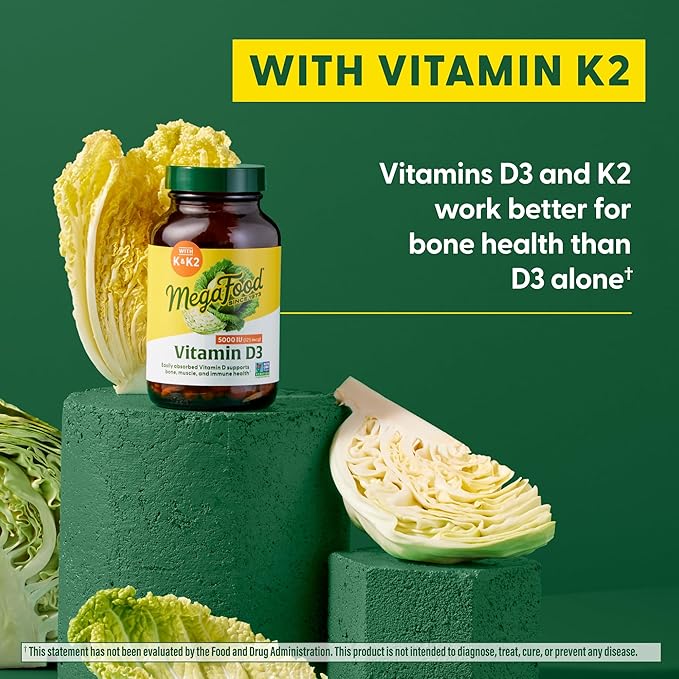 MegaFood Vitamin D3 5000 IU (125 mcg) D3 K2, K2, Supports 120 Mini 120 Servings