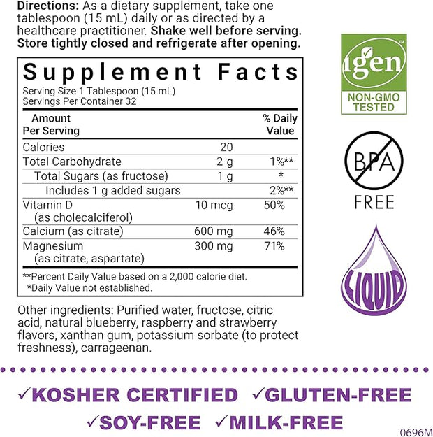 Bluebonnet Nutrition Liquid Calcium Citrate, Magnesium, Vitamin D3, Bone Health, Gluten Free, Soy Free, Milk Free, Kosher, 16 fl oz, 32 Servings, Mixed Berry Flavor