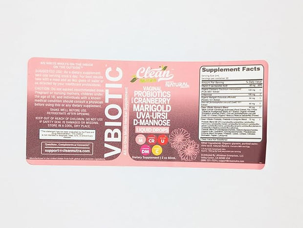Clean Nutraceuticals VBiotic Vaginal Probiotic for Women Liquid Drops | Cranberry Uva Ursi Horsetail D-Mannose Prebiotics Marigold & Black Cohosh Vaginal Health Supplement | pH Balance