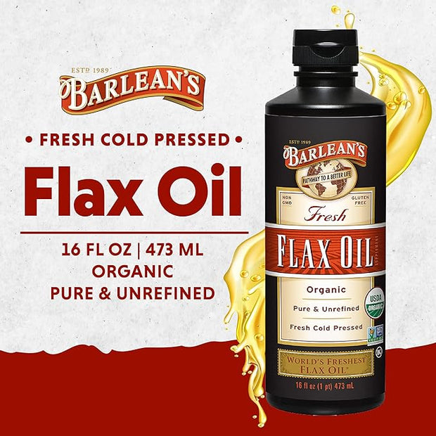 Barlean's Organic Flaxseed Oil Liquid from Cold Pressed Flax Seeds, 7,640mg ALA Omega 3 Fatty Acid Supplement for Joint and Heart Health, Vegan & Gluten Free, 16 oz