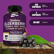 NutriFlair Sambucus Elderberry, 120 Veggie Capsules 5 in 1 Immune D3 5000 5000 IU, 2 Month