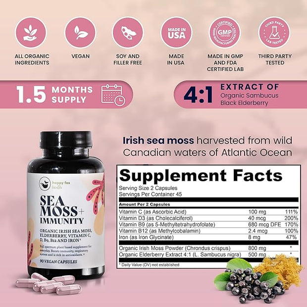 Irish Sea Moss Capsules & Sambucus D3, B9, B9, B12, B12, Iron