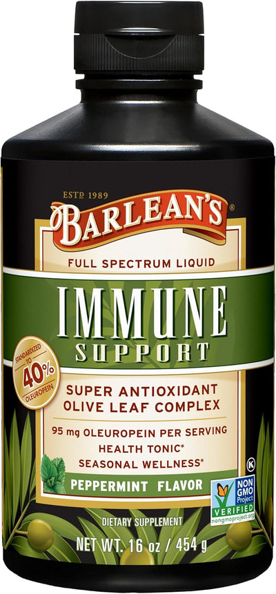 Barlean's Peppermint Olive Leaf Complex Liquid Immune Support Supplement with 95mg Oleuropein Antioxidants, 16 Ounce