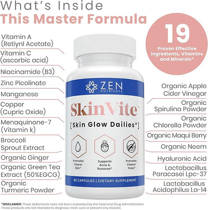 Zen Nutrients SkinVite Natural Skin Supplement for Women, Men & Teens- Hormonal Skin Treatment & Clear Skin Support Supplement - Detoxifying Vitamin for Clear Skin, Acne and Digestion Support