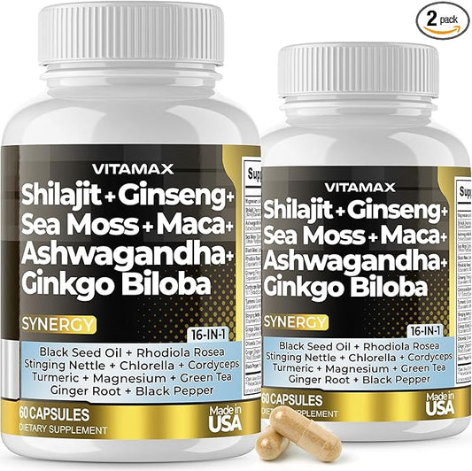Pure Himalayan Shilajit Supplement 10,000mg Ashwagandha 6,000mg Sea 2,000mg Rhodiola 1000MG Gingko 500mg Trace (60 Count 2)