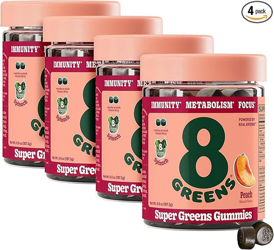 8Greens Supergreens Gummies | Super Greens Powder Superfood Gummy for Metabolism, Immunity & Focus, Digestive Health Enzymes, Organic: Chlorella, Spirulina, Aloe Vera, Peach Flavor, 200 Count