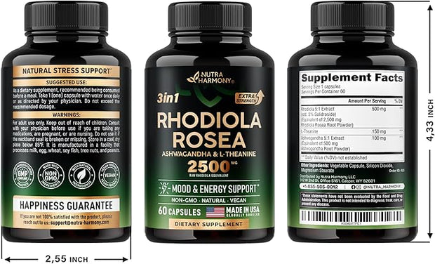 Rhodiola Rosea Supplement 2500mg 5:1 | 3% Salidroside 2 Month 60 Capsules
