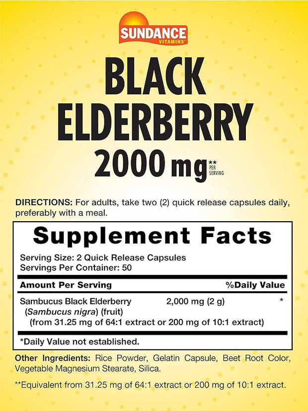 Sundance Sambucus Black Elderberry Capsules 2000mg | 100 Count