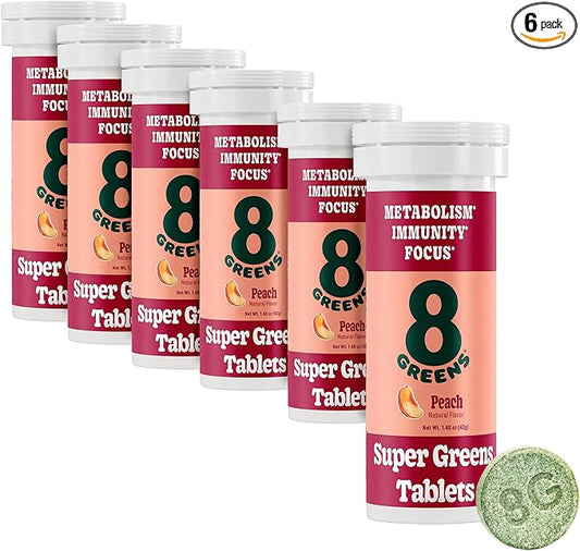 8Greens Supergreens Tablets | Super Greens Powder Superfood Tablet, Metabolism Immunity & Focus, Daily Greens Effervescent Tablets, Organic: Aloe Vera, Spirulina, Chlorella, Peach, 60 Servings