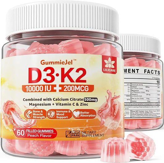 Sugar-Free Vitamin D3 K2 Filled Gummies 5000IU / 10,000 IU 500mg Calcium K2 (MK-7) (MK-7) 200mcg, 200mcg, Magnesium