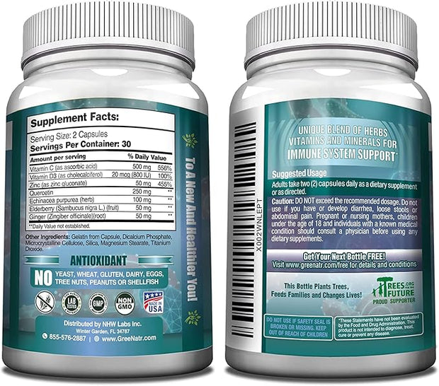 7 in 1 Immune Support Supplement D3, Zinc 50mg, Quercetin, 60 Capsules (6 Bottles)