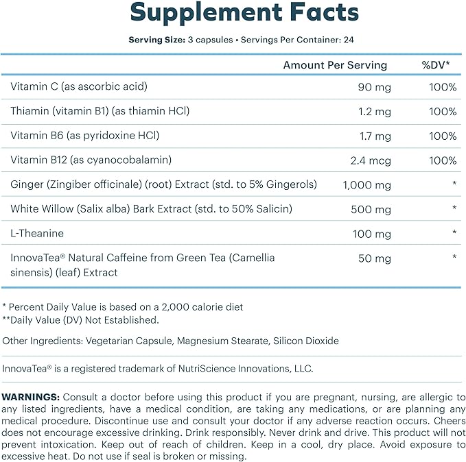 Cheers Relief | Next Morning Aid with Ginger + White Willow Bark | Feel Better After Drinking | 24 Doses | Ginger, White Willow Bark, L-Theanine, Caffeine