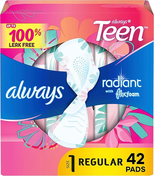 Always Radiant Teen Feminine Pads 1, Regular, 42 CT