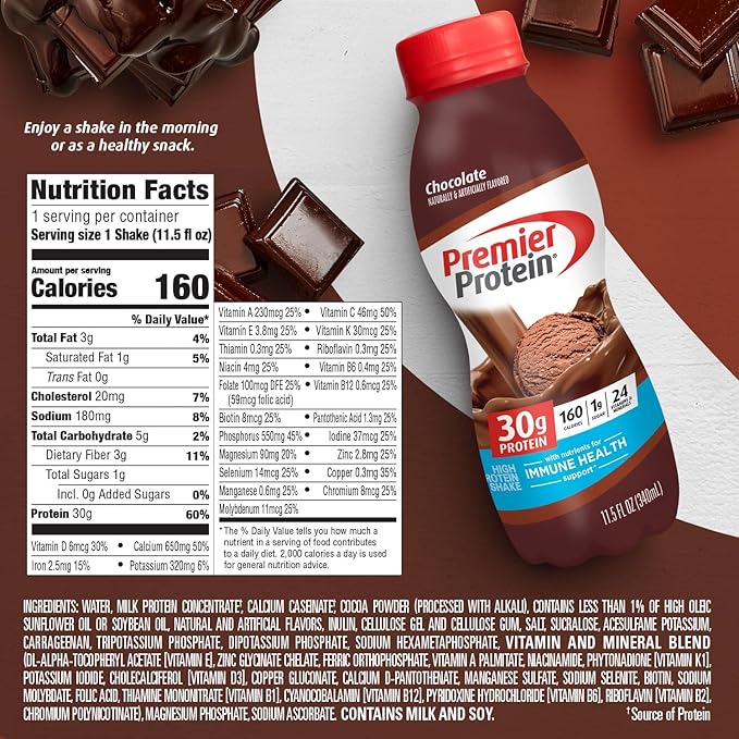 Premier Protein Shake, Chocolate, 30g Protein 1g Sugar 24 Vitamins Minerals Nutrients to Support Immune Health, 11.5 fl oz (Pack of 6)