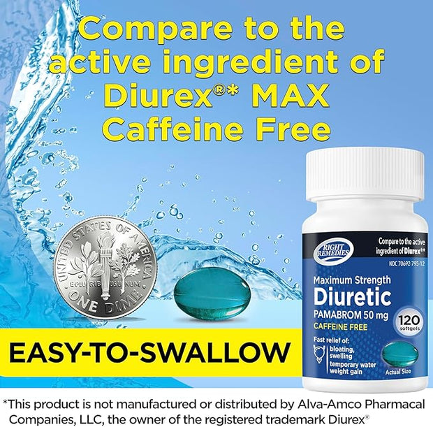 Maximum Strength Caffeine-Free Diuretic Softgels, (120 50mg, Helps