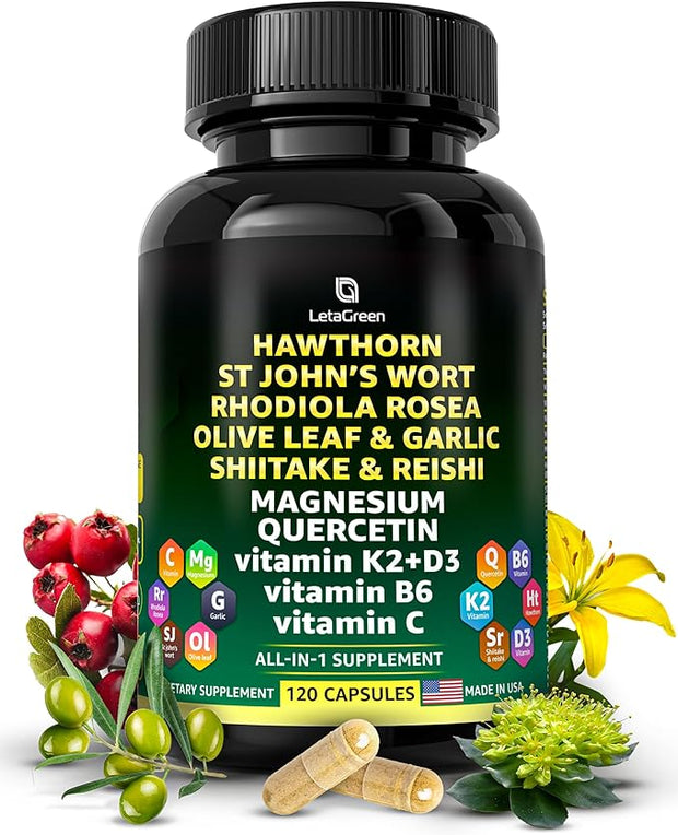 Organic Hawthorn Berry Capsules 2000mg with 2500mg Rhodiola 4000mg Olive 1000mg Shiitake 1000mg Reishi 1000mg Quercetin 150mg