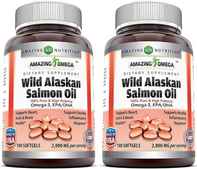 Amazing Omega Wild Alaskan Salmon Oil 2000mg Per Serving Softgels Supplement (180 | 2 Pack)