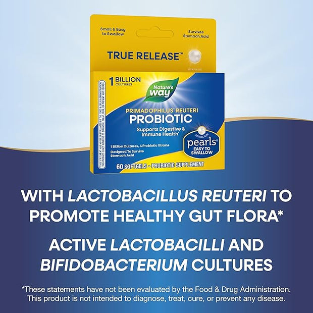 Nature's Way Primadophilus Reuteri Probiotic Pearls 1 Billion 4 Probiotic 60 Softgels