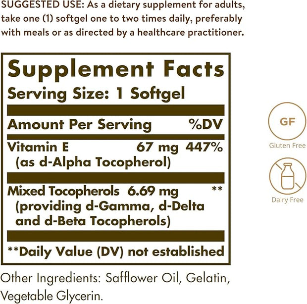 Solgar Vitamin E 67 mg (100 IU), 100 Mixed Softgels - Natural Antioxidant, Skin & Immune System Support - Naturally-Sourced Vitamin E - Gluten Free, Dairy Free - 100 Servings