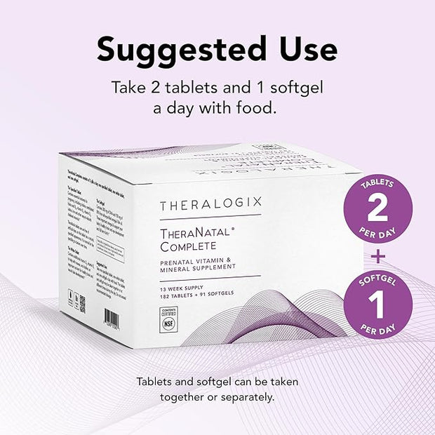Theralogix TheraNatal Complete Prenatal Vitamin Supplement 91-Day Supply D3, Folate, B6 & 182 Tablets 91 Softgels