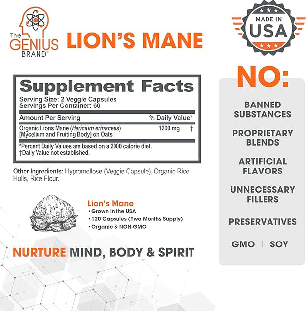 Genius Lions Mane Supplement Capsules 1200mg per 120 Veggie