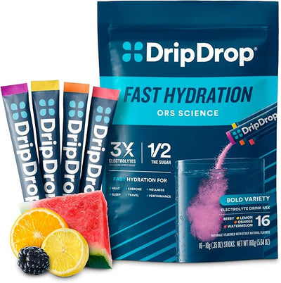 DripDrop Hydration - Bold Variety Pack - Electrolyte Drink Mix Single Serve Powder Packets - Watermelon, Berry, Lemon, Orange | Non-GMO, Gluten Free, Vegan | 16 Sticks