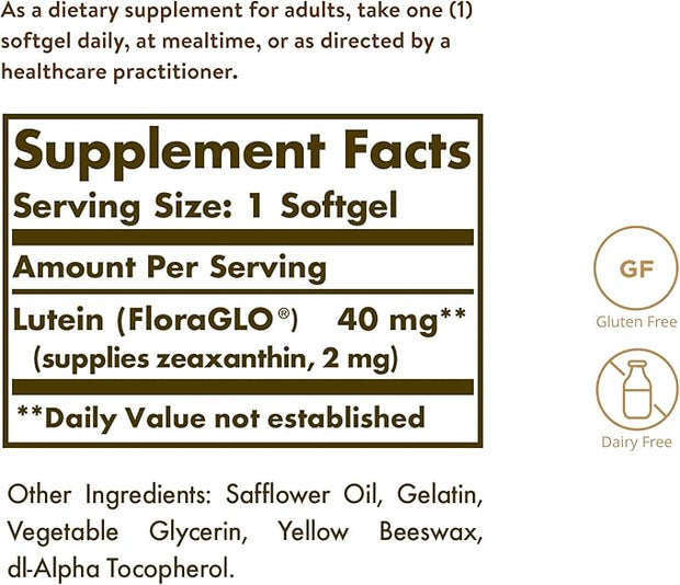 Solgar Lutein 40 mg, 30 Softgels - Supports Eye Health - Helps Filter Out Blue-Light - Contains FloraGLO Lutein - Gluten Free, Dairy Free - 30 Servings