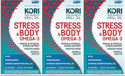 Kori Stress & Body Adaptogen Supplement - Krill Oil & Ashwagandha/Omega-3 Fatty Acids for Heart, Brain, Eye, & Joint Health/Occasional Stress, Mood, & Sleep Support / 80 softgels (Pack of 3)