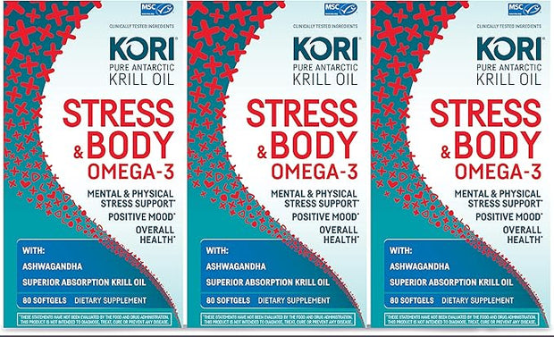 Kori Stress & Body Adaptogen Supplement - Krill Oil & Ashwagandha/Omega-3 Fatty Acids for Heart, Brain, Eye, & Joint Health/Occasional Stress, Mood, & Sleep Support / 80 softgels (Pack of 3)