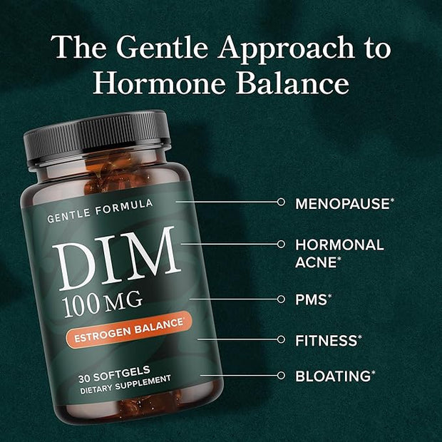 DIM Supplement 100 mg | Estrogen Balance for Women & Men | Diindolylmethane for Hormone Balance, Hormonal Acne, Menopause & Antioxidant Support | with MCT Oil & Vitamin E | Gentle Softgels | 30 Ct.