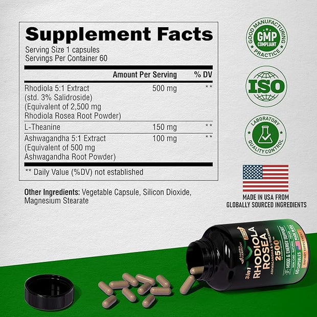 Rhodiola Rosea Supplement 2500mg 5:1 | 3% Salidroside 2 Month 60 Capsules