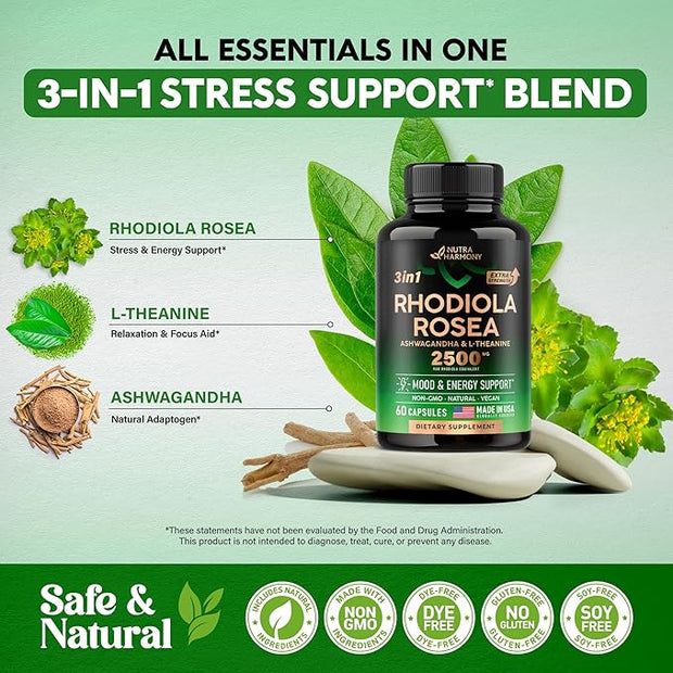 Rhodiola Rosea Supplement 2500mg 5:1 | 3% Salidroside 2 Month 60 Capsules